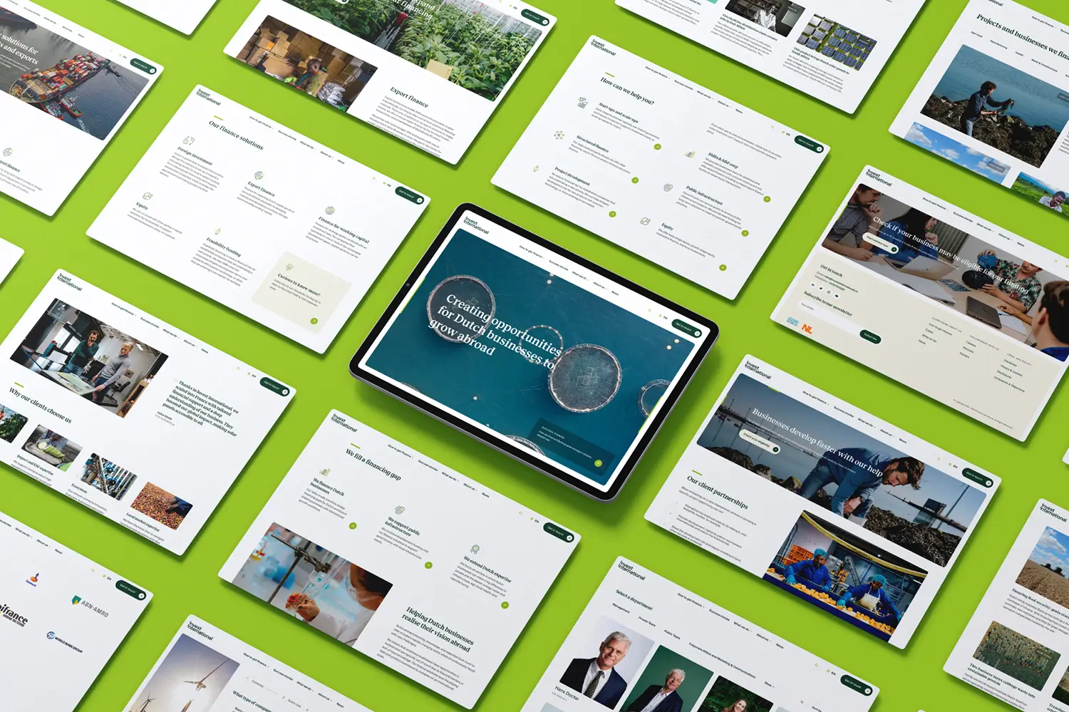 Isometric mockup of several screens of Invest International website